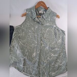 ECOTHREADS sleeveless button down green and white LARGE NEW